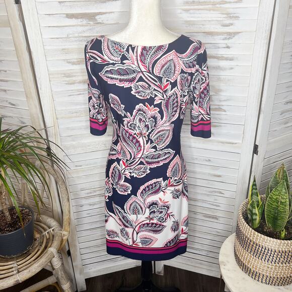 Eliza J Bold Floral Print Knee Length Shift Dress Navy 6 Elbow Sleeves 6 Bandana - Picture 4 of 15